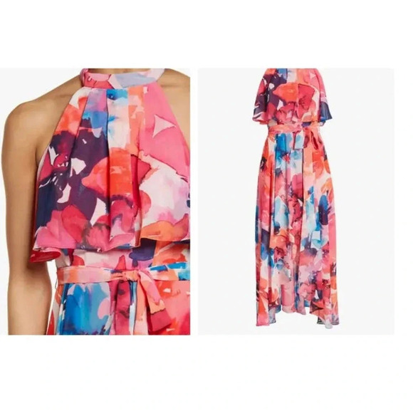 Eliza J. Floral Halter Neck Chiffon Hi-Low Maxi Dress Pink Fit & Flare Size 18 - Picture 8 of 8